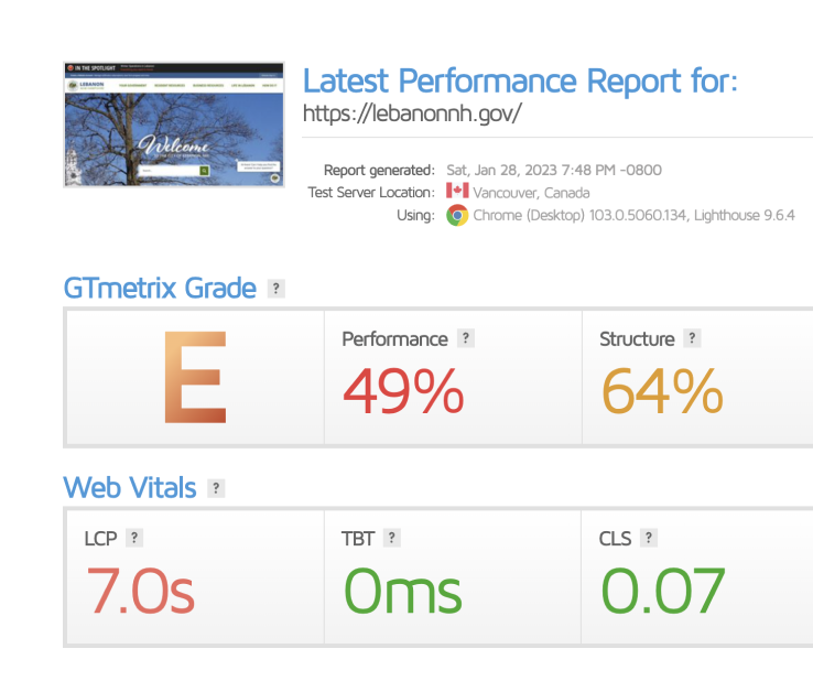GTmetrix performance report for lebanonnh.gov. Grade E, performance 49%, structure 64%. Web Vitals. LCP 7 seconds, TBT 0 milliseconds, CLS 0.07